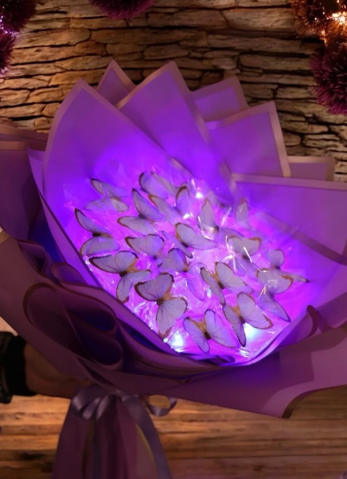LED Işıklı Kelebek Buketi Mor - Sevgililer Günü Özel