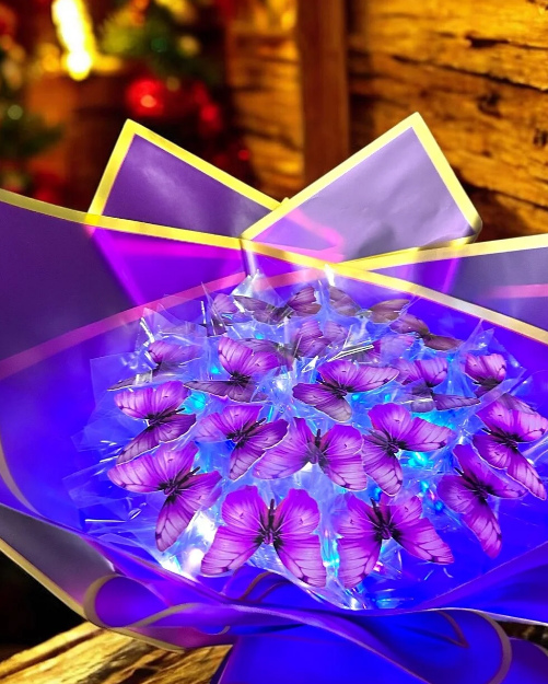 LED Kristal Çiçek Buketi - Mor Altın - Sevgililer Günü Özel