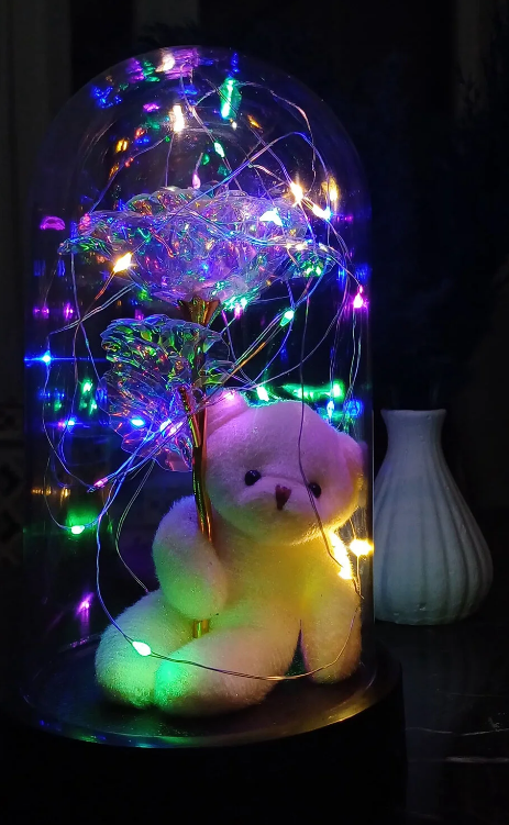 LED Ayıcık ve Kristal Çiçek Fanus Seti - Sevgililer Günü Özel