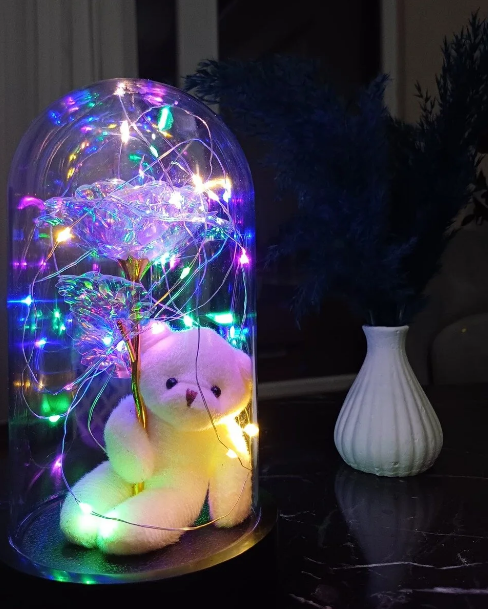 LED Ayıcık ve Kristal Çiçek Fanus Seti - Sevgililer Günü Özel