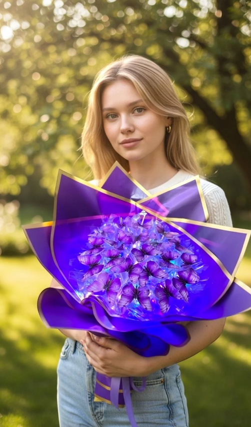 LED Kristal Çiçek Buketi - Mor Altın - Sevgililer Günü Özel