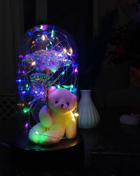 LED Ayıcık ve Kristal Çiçek Fanus Seti - Sevgililer Günü Özel