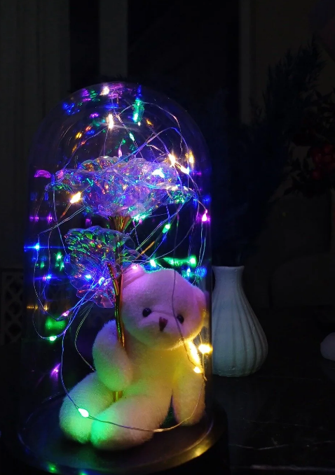 LED Ayıcık ve Kristal Çiçek Fanus Seti - Sevgililer Günü Özel